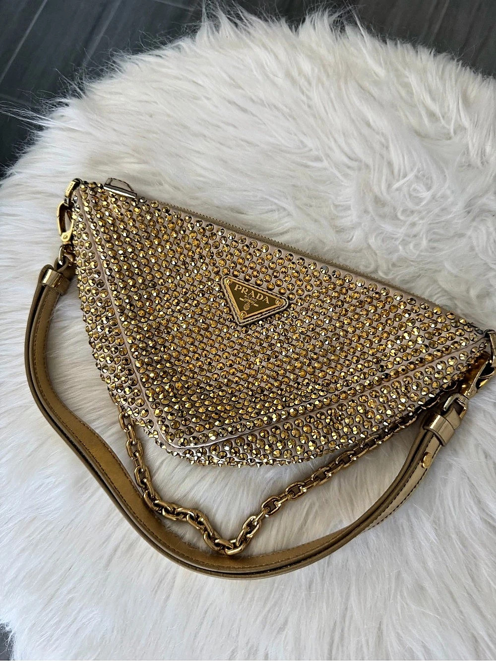 Prada Crystal-Embellished Triangle Shoulder Bag Gold & Brown